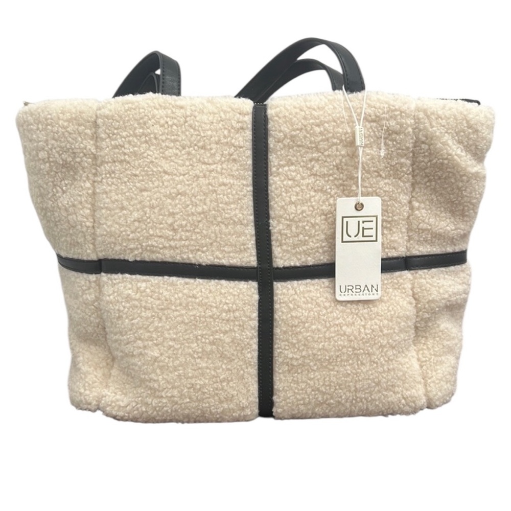 ••NWT Urban Expressions Cream/ Black Tote Sherpa Gold Hardware Zip Closure